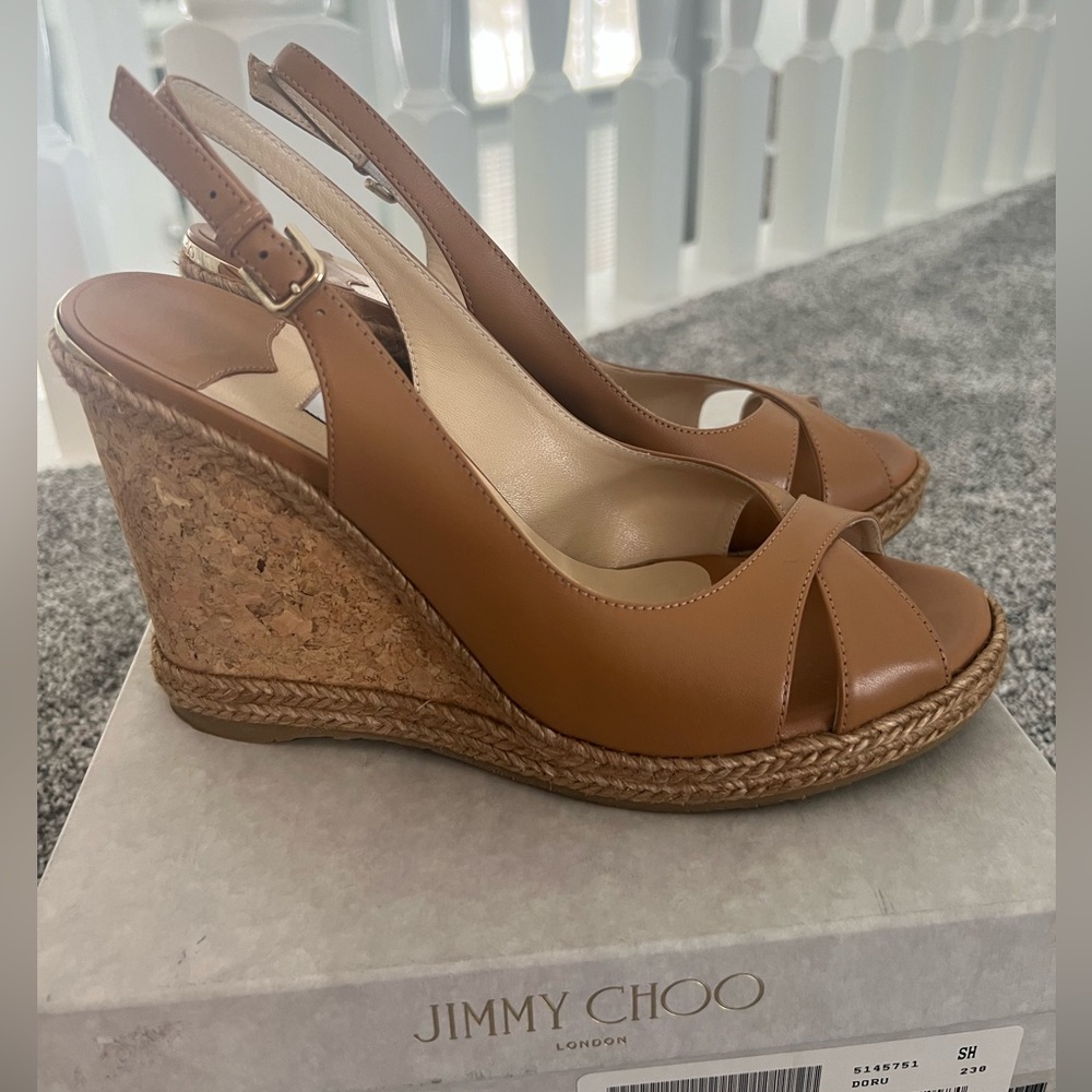 Jimmy Choo Carmel Brown Leather Wedge Sandals - Picture 10 of 13